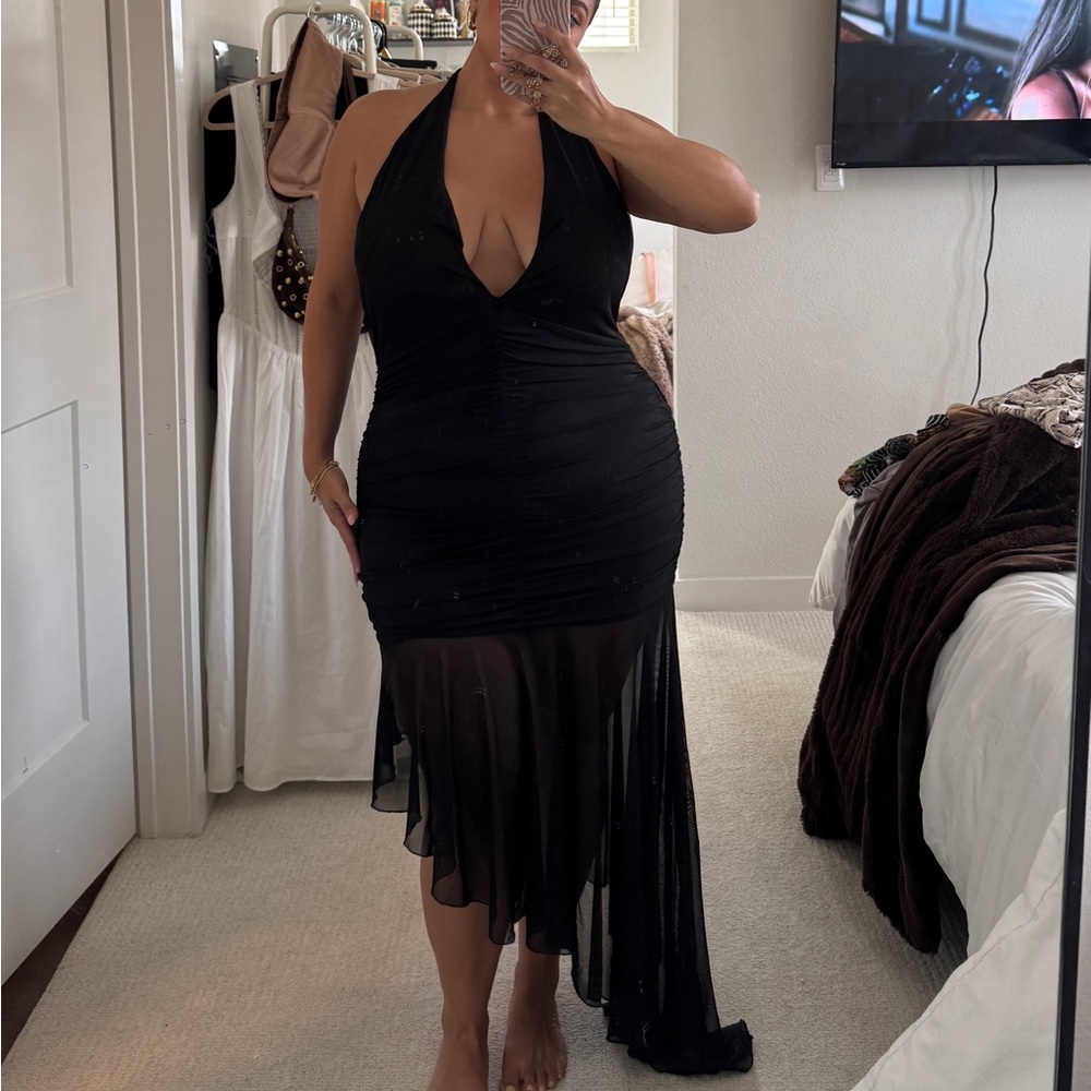 Peppermayo Black Halter Plunge Midi Dress with Sheer Asymmetric Hem